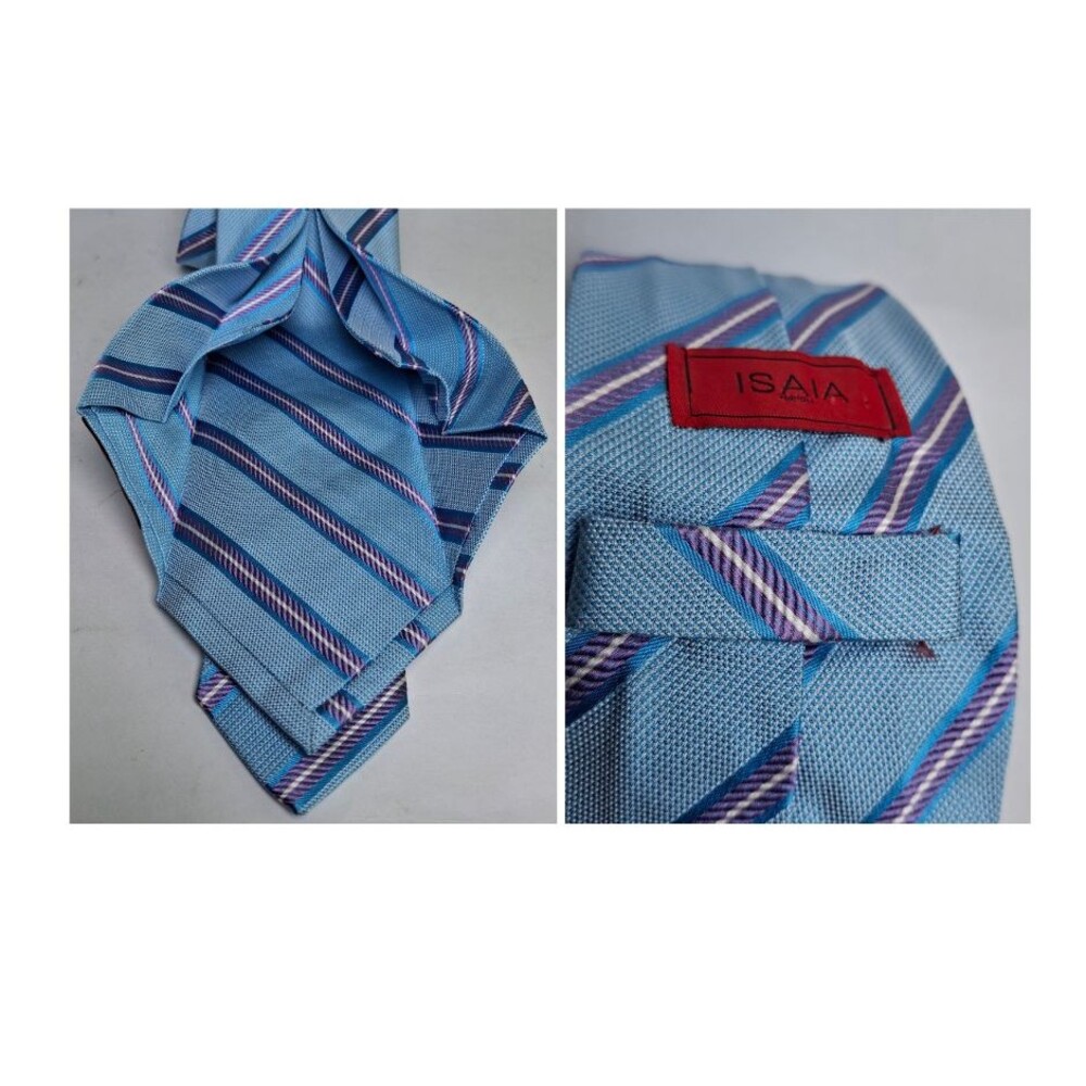ISAIA 7 Fold Tie Men Silk Handmade ITALY Blue Repp Stripe 3.25x60" Quiet Luxury